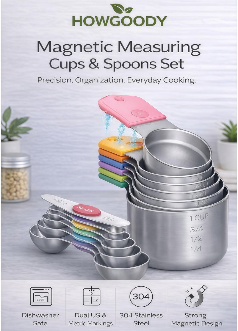 HOWGOODY Magnetic Measuring Cups and Spoons Set304 Stainless Steel Dual Scale Set of 15, Strong N52 Magnetic Nesting Design with Leveler, for Dry&Liquid Ingredients, Dishwasher Safe(Colorful) - Image 2