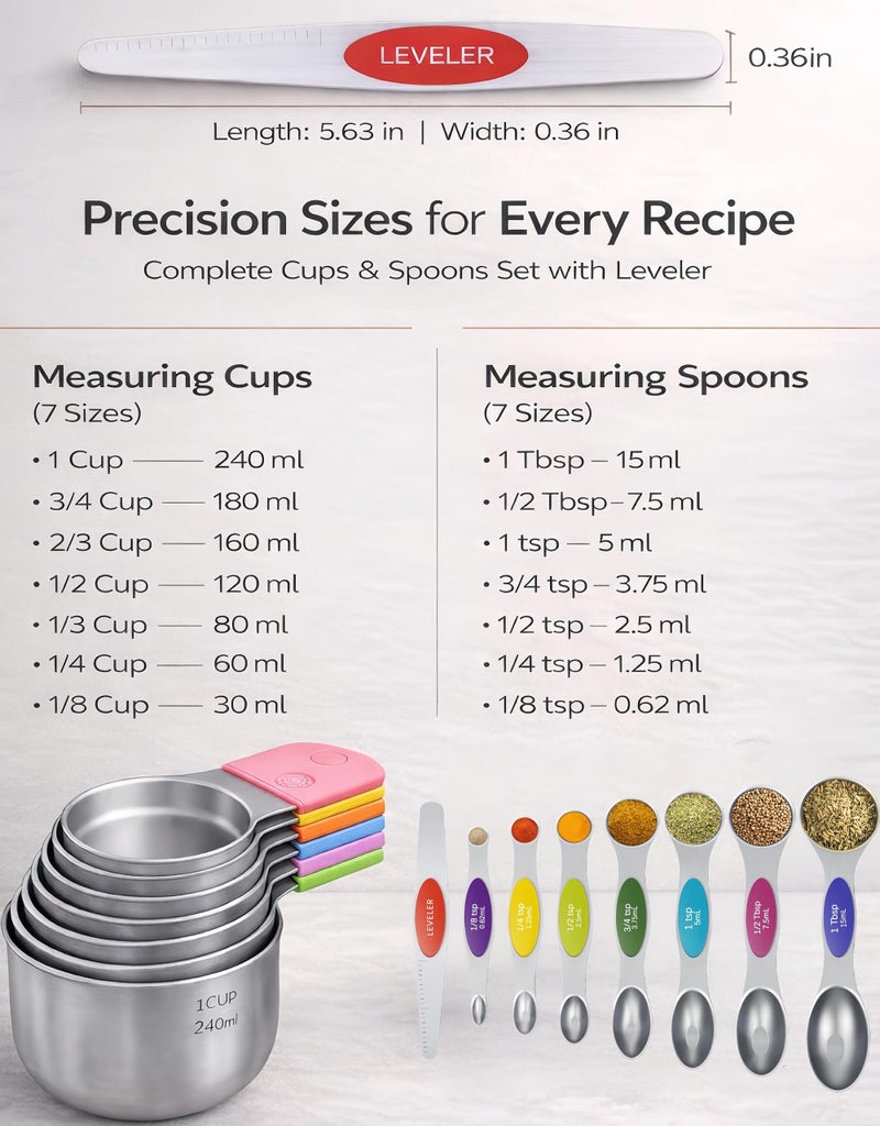 HOWGOODY Magnetic Measuring Cups and Spoons Set304 Stainless Steel Dual Scale Set of 15, Strong N52 Magnetic Nesting Design with Leveler, for Dry&Liquid Ingredients, Dishwasher Safe(Colorful) - Image 4