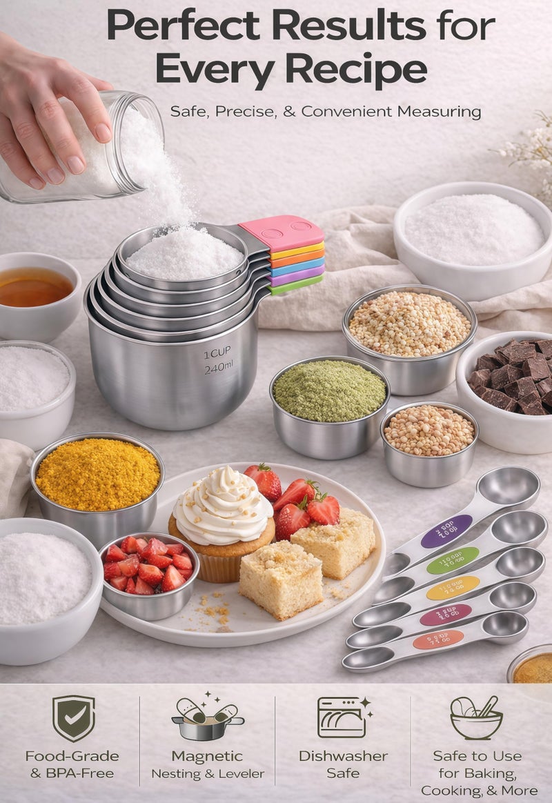HOWGOODY Magnetic Measuring Cups and Spoons Set304 Stainless Steel Dual Scale Set of 15, Strong N52 Magnetic Nesting Design with Leveler, for Dry&Liquid Ingredients, Dishwasher Safe(Colorful) - Image 5