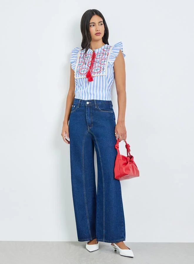 Styli Blue Striped Tassel Detail Blouse with Embroidery and Ruffles