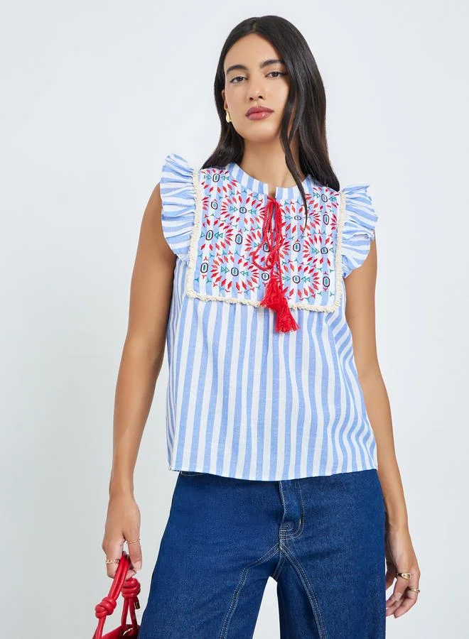 Styli Blue Striped Tassel Detail Blouse with Embroidery and Ruffles