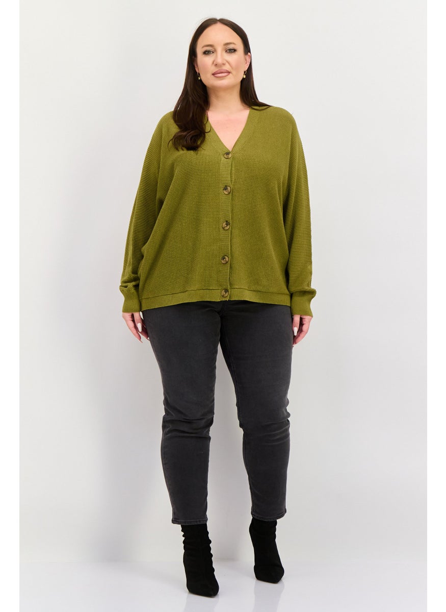 ESPRIT - Women V-neck Crochet Plain Cardigan, Olive - Image 1