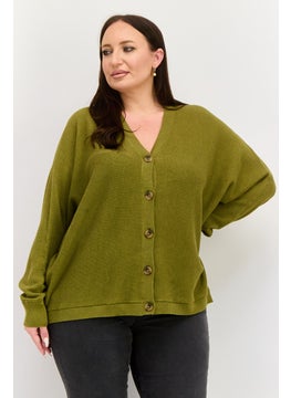 Women V-neck Crochet Plain Cardigan, Olive