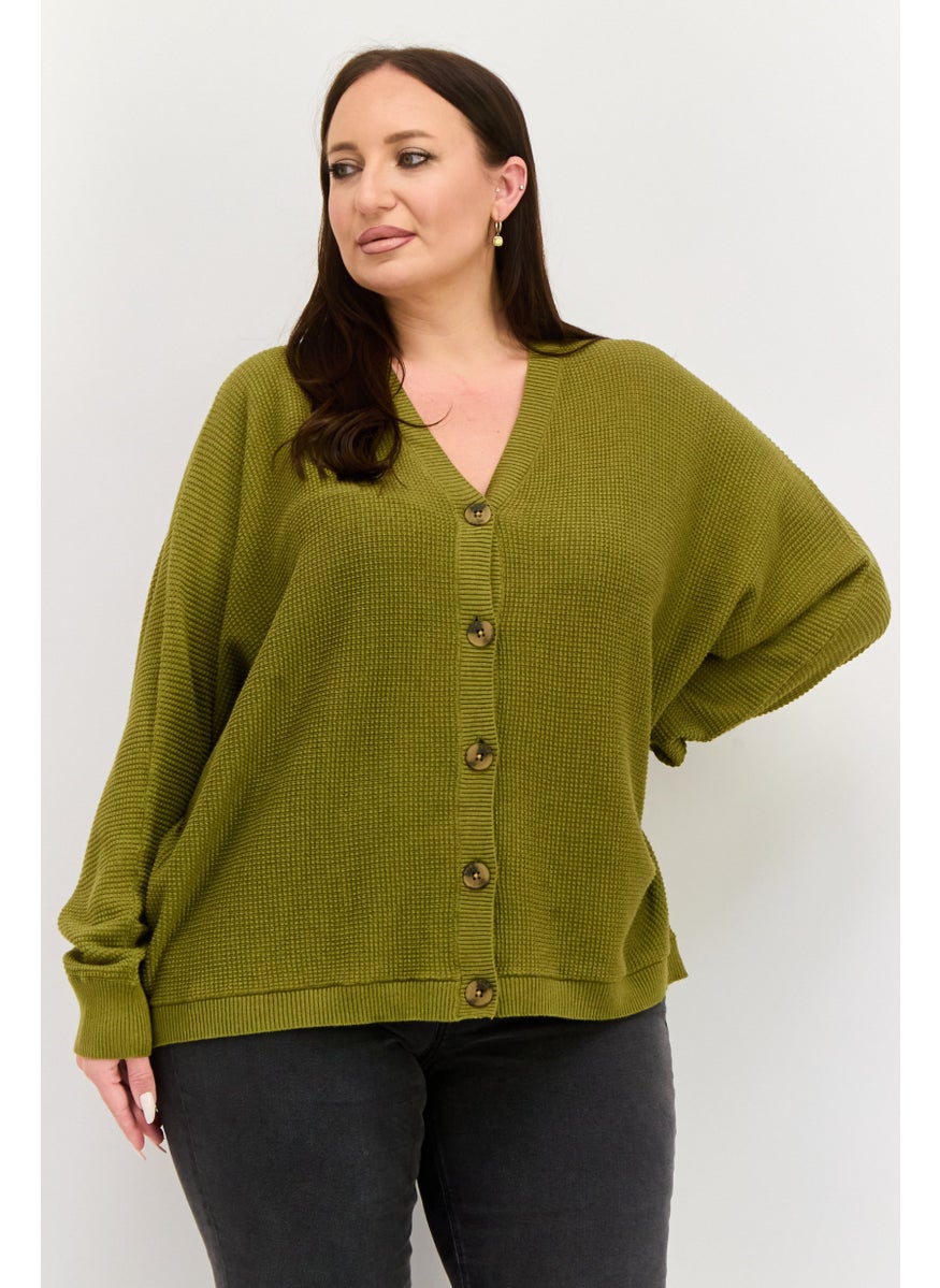 ESPRIT - Women V-neck Crochet Plain Cardigan, Olive - Image 1
