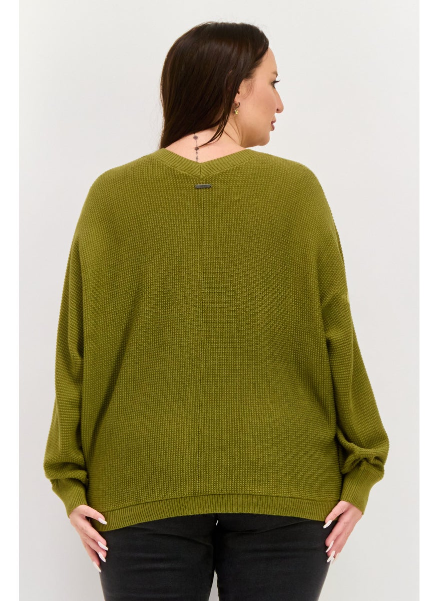 ESPRIT - Women V-neck Crochet Plain Cardigan, Olive - Image 1