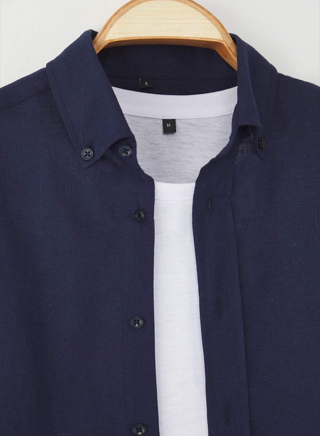 trendyol Blue Regular Fit Linen Blended Men's Shirt - Image 3