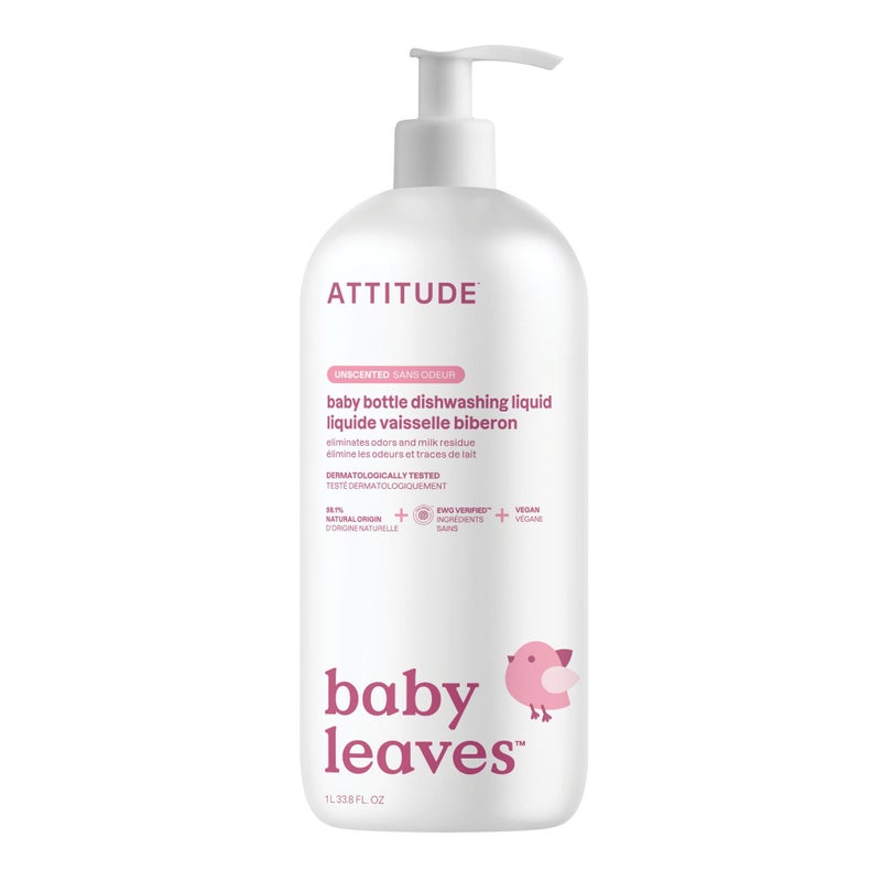 ATTITUDE Baby Dish Soap and Bottle Cleaner EWG Verified Dishwashing Liquid No Added Dyes or Fragrances Tough on Milk Residue and Grease Vegan Unscented 338 Fl Oz