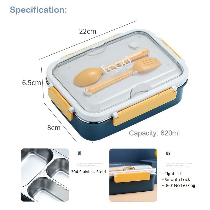 MOROVIKLeak Proof 3 Compartment Stainless Steel Lunch Boxes with Removable Inner Plate Reusable Freezer Safe Food Containers for Adults and KidsMulticolor 3 Compartment Stainless Steel A7054 - Image 5