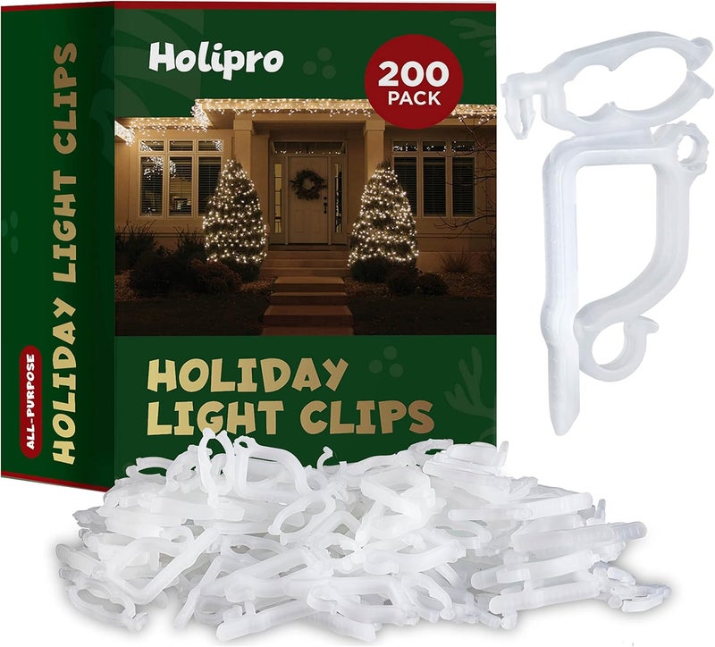 HOLIPRO All-Purpose Holiday Light Clips - Set of 200, Mount to Shingles & Gutters - Works with Mini, C6, C7, C9, Rope, Icicle Lights - No Tools Required - USA Made - Image 1
