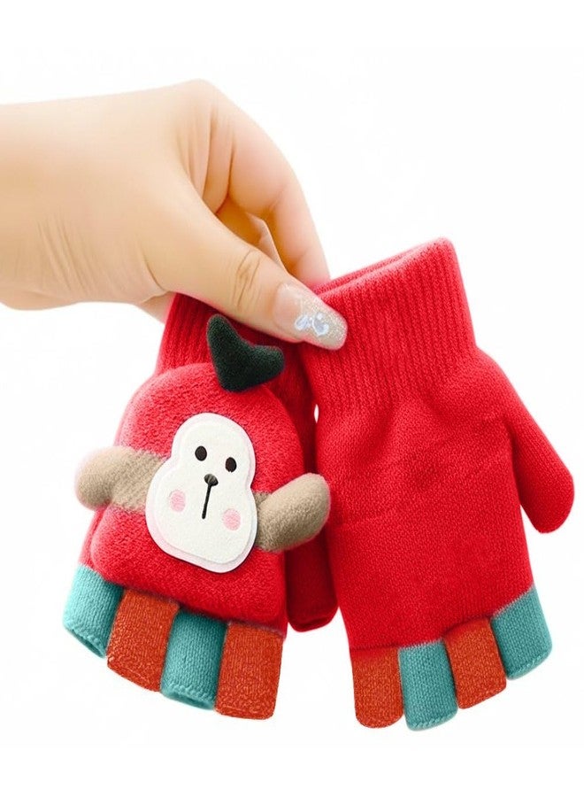 Jukusa Baby Cute Cartoon DesignHand Gloves | 2 in 1 Half and Full Finger Gloves | Warm and Comfortable Knitted Gloves for 3-7 Years Old, Windproof and Flexible, Gift for Christmas and Birthday (Red) - Image 1