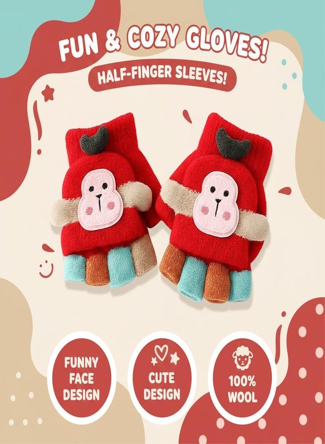 Jukusa Baby Cute Cartoon DesignHand Gloves | 2 in 1 Half and Full Finger Gloves | Warm and Comfortable Knitted Gloves for 3-7 Years Old, Windproof and Flexible, Gift for Christmas and Birthday (Red) - Image 2