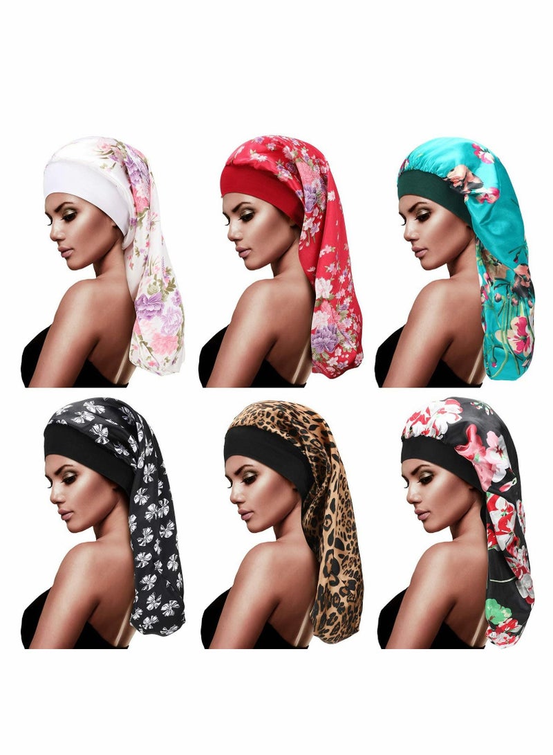Satin Sleep Cap Long Bonnet Extra Large Elastic Band Silk Night Hat for Women Girls Curly Hair Braids Dreadlock Silky Loose Sleeping 6 Pieces - Image 1