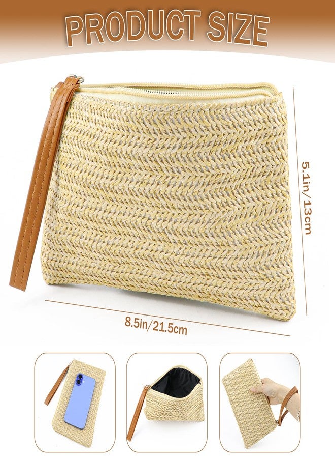 LCJAOF Straw Woven Clutch Purse for Women - with Wristlet Top Handle, Large Capacity Beach Bag Summer Evening Clutch for Vacation, Travel, Wedding (Beige) - Image 2