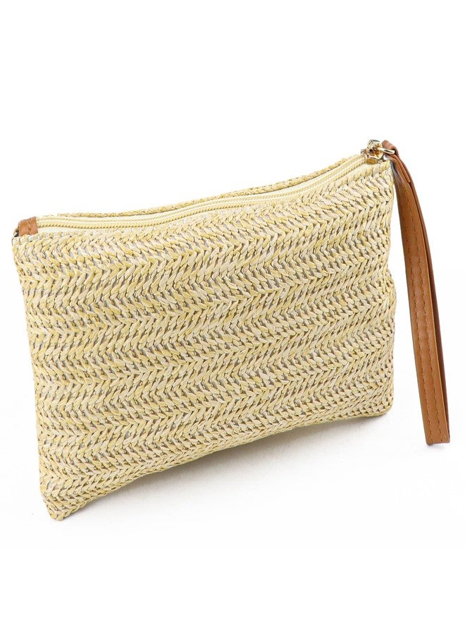 LCJAOF Straw Woven Clutch Purse for Women - with Wristlet Top Handle, Large Capacity Beach Bag Summer Evening Clutch for Vacation, Travel, Wedding (Beige) - Image 1