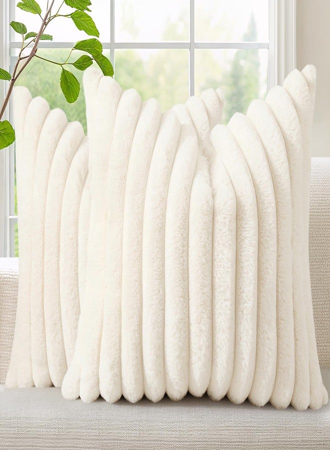 decorUhome Faux Fur Fall Throw Pillow Covers 18x18 Set of 2, Decorative Soft Plush Striped Neutral Couch Euro Pillow Covers with Velvet Back for Sofa, Bed, Living Room Home Decor, Cream White - Image 1