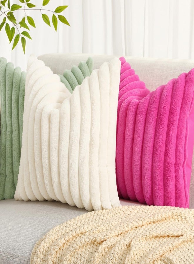 decorUhome Faux Fur Fall Throw Pillow Covers 18x18 Set of 2, Decorative Soft Plush Striped Neutral Couch Euro Pillow Covers with Velvet Back for Sofa, Bed, Living Room Home Decor, Cream White - Image 5