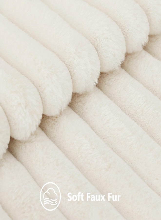 decorUhome Faux Fur Fall Throw Pillow Covers 18x18 Set of 2, Decorative Soft Plush Striped Neutral Couch Euro Pillow Covers with Velvet Back for Sofa, Bed, Living Room Home Decor, Cream White - Image 2