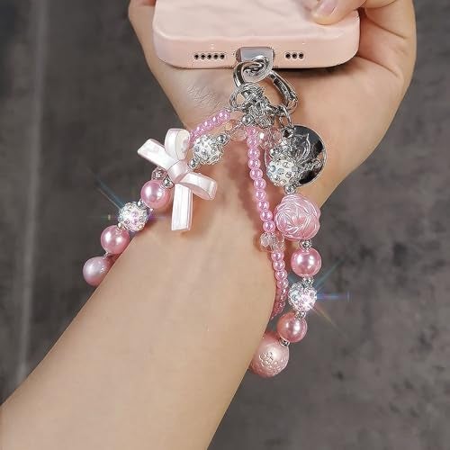 KC Keychain Phone Wrist Strap Pearl Beaded Mobile Phone Charm Hanging Bracelet Bow Heart Charm For Phone, Purse, Camera, Bags, Case Cover For Girls Women Pink - Image 4
