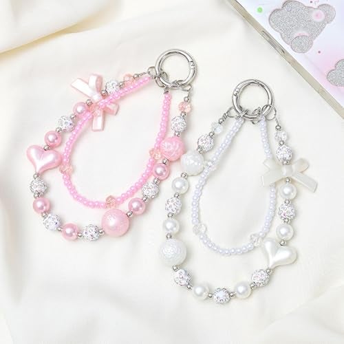 KC Keychain Phone Wrist Strap Pearl Beaded Mobile Phone Charm Hanging Bracelet Bow Heart Charm For Phone, Purse, Camera, Bags, Case Cover For Girls Women Pink - Image 2