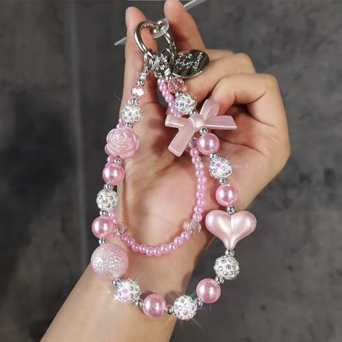 KC Keychain Phone Wrist Strap Pearl Beaded Mobile Phone Charm Hanging Bracelet Bow Heart Charm For Phone, Purse, Camera, Bags, Case Cover For Girls Women Pink - Image 5