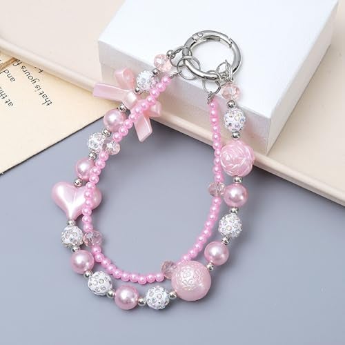 KC Keychain Phone Wrist Strap Pearl Beaded Mobile Phone Charm Hanging Bracelet Bow Heart Charm For Phone, Purse, Camera, Bags, Case Cover For Girls Women Pink - Image 1