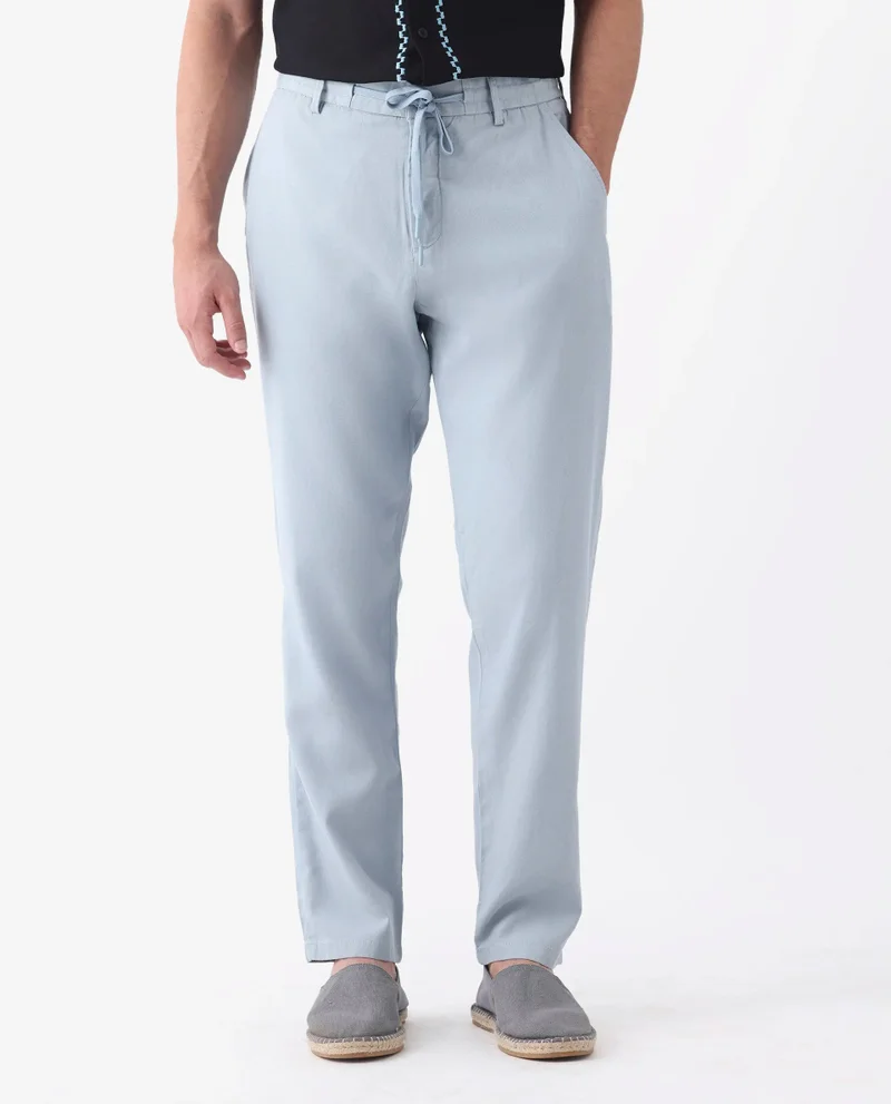 Rare Rabbit Rare Rabbit Mens Reric Pastel Blue Linen Blend Drawstring Closure Solid Linen Trouser
