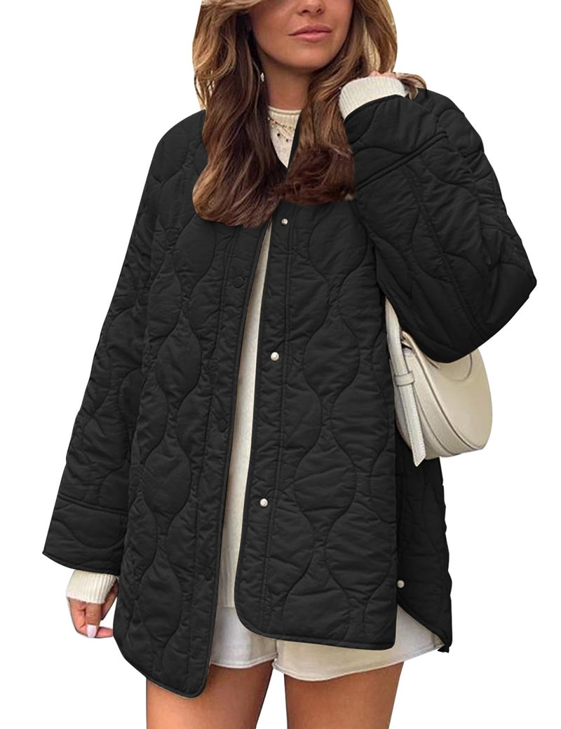 Flygo Womens Oversized Quilted Lightweight Jacket Button Down Puffer Padded Outerwear with PocketBlackL