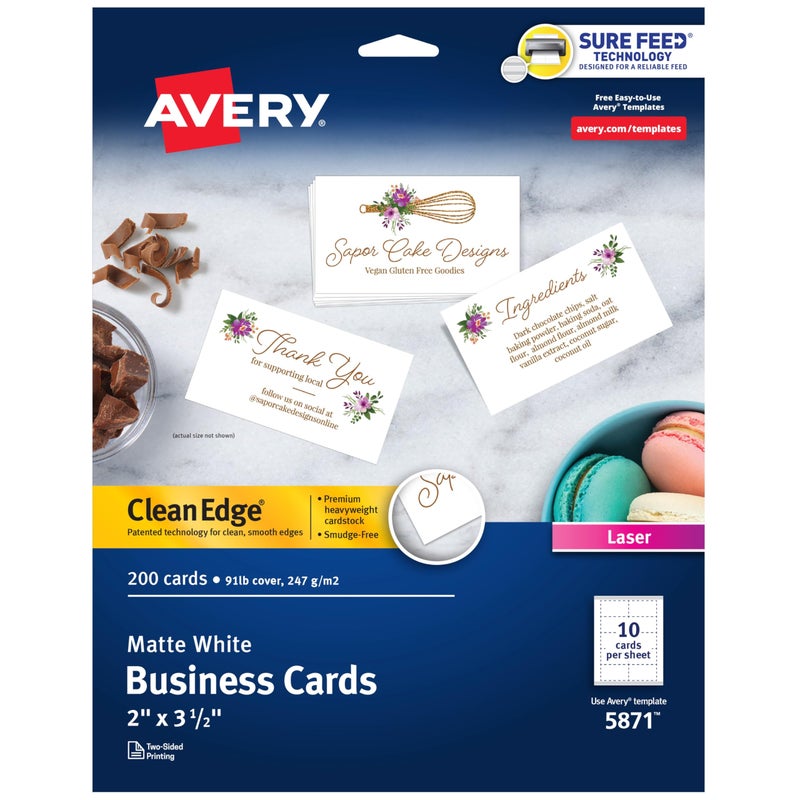 AVERY بطاقات عمل قابلة للطباعة من أفيري بحواف نظيفة مع تقنية Sure Feed، 2" × 3.5"، بيضاء، 200 بطاقة فارغة لطابعات الليزر (5871) - Image 1