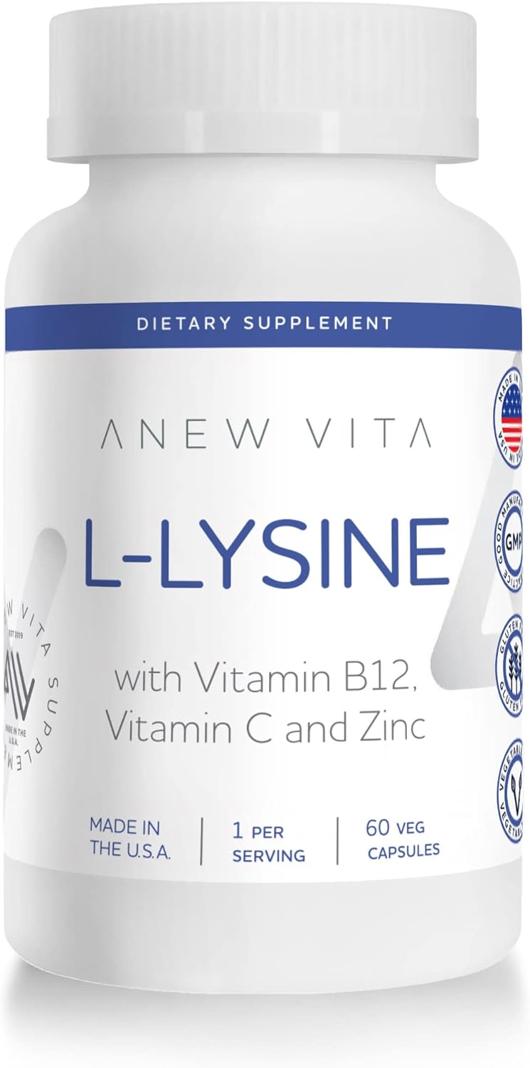 ANEW VITA LLysine Supplement with Vitamin B12  C  Zinc for Lip Mouth and Oral Tissue Health  Enhanced Wellness Support  NonGMO GlutenFree  Made in USA  60 Vegetable Capsules 500mg - Image 1