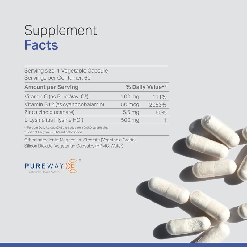 ANEW VITA LLysine Supplement with Vitamin B12  C  Zinc for Lip Mouth and Oral Tissue Health  Enhanced Wellness Support  NonGMO GlutenFree  Made in USA  60 Vegetable Capsules 500mg - Image 2
