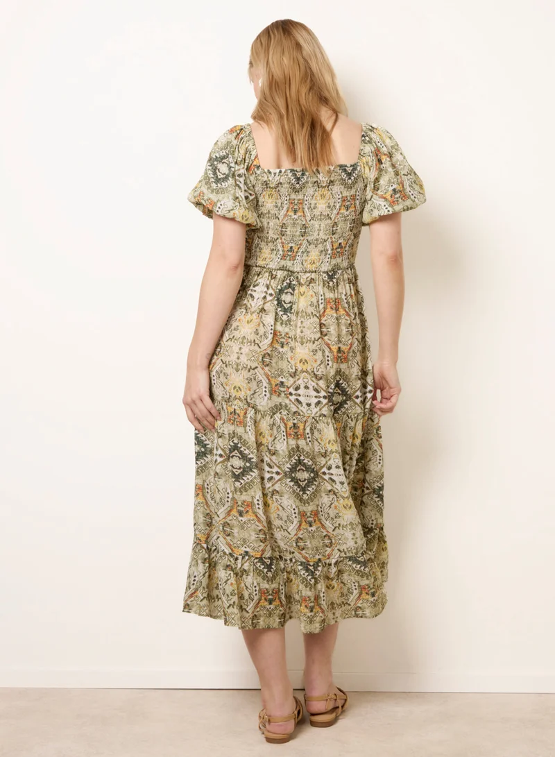 Blue Vanilla Abstract Print Puff Sleeve Midi Dress