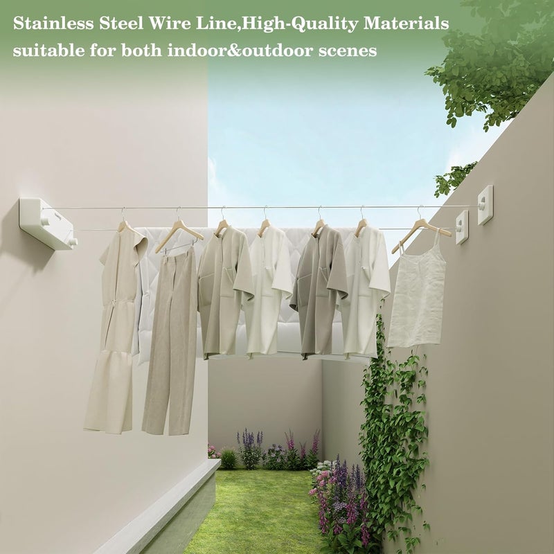 Danpoo Retractable Clothesline, 2x13.8ft Stainless Steel Clothes Line for Indoors/Outdoors, Wall-Mounted Laundry Drying with Auto-Lock, Heavy Duty(White) - Image 3