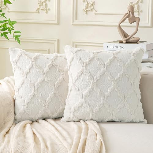 Cozoomy Set of 2 Soft Moroccan Throw Pillow Covers 18x18 Inch Plush Boho Decorative Pillow Cover Accent Cushion Case for Couch Sofa Bed Cream White - Image 1