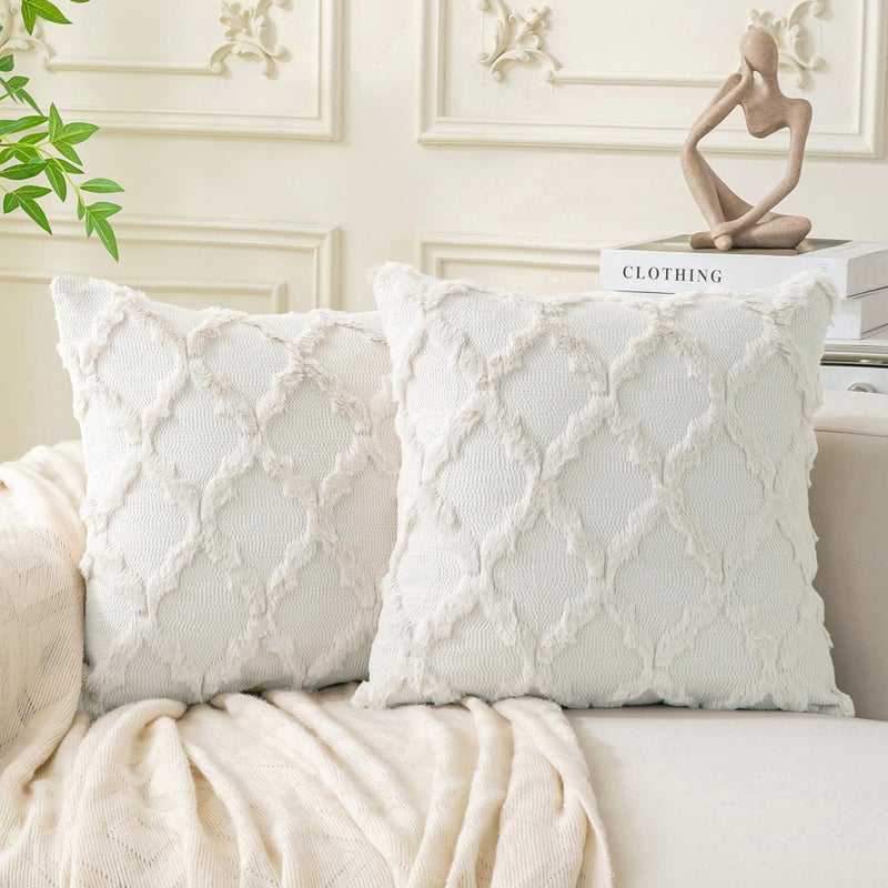 Cozoomy Set of 2 Soft Moroccan Throw Pillow Covers 18x18 Inch Plush Boho Decorative Pillow Cover Accent Cushion Case for Couch Sofa Bed Cream White - Image 2