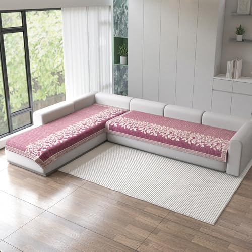 Nendle Superior Velvet Floral Sofa Mat 6 Seater Set Cover Durable Protector for Living Room Sofa Set 3+3, Suitable for L Shape, Sectional and U Shape Sofa (Pink, Pack of 2) - Image 1
