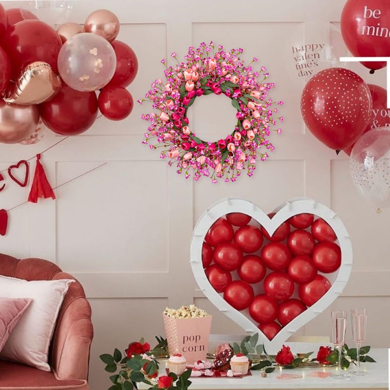 J'FLORU 22 Inch Valentines Day Wreath Pink Valentine's Day Wreaths for Front Door Tulip Wreath with Red Hearts and Berries for Valentine Wedding Anniversary Candlelight Dinner - Image 4