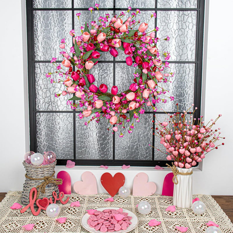 J'FLORU 22 Inch Valentines Day Wreath Pink Valentine's Day Wreaths for Front Door Tulip Wreath with Red Hearts and Berries for Valentine Wedding Anniversary Candlelight Dinner - Image 2
