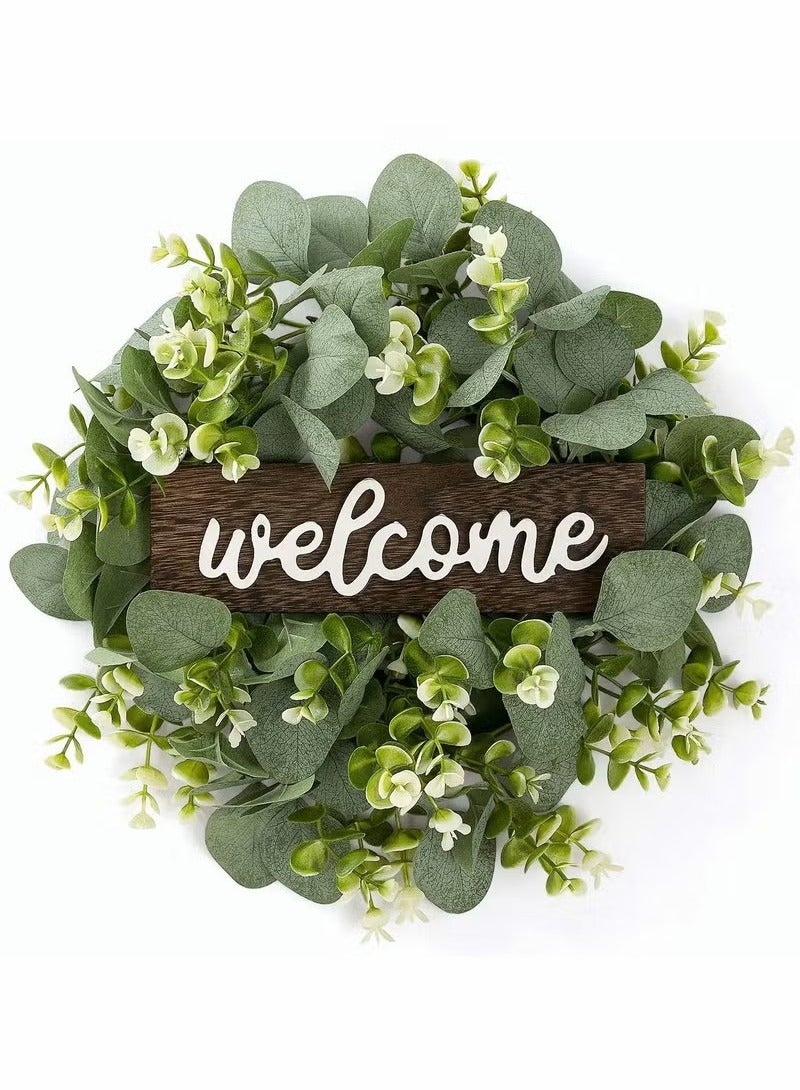 Welcome Sign with Wreaths Rustic Front Door Decor Wood Hanging Artificial Eucalyptus Farmhouse Porch Decorations for Home Wedding Gift - Image 1
