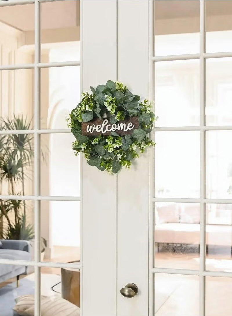 Welcome Sign with Wreaths Rustic Front Door Decor Wood Hanging Artificial Eucalyptus Farmhouse Porch Decorations for Home Wedding Gift - Image 2