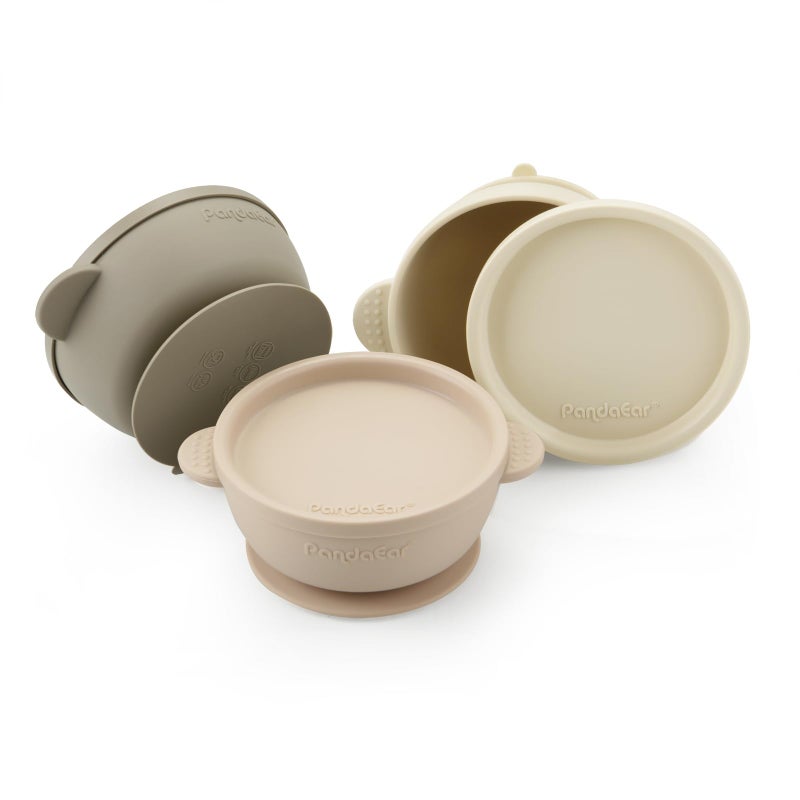 PandaEar 3 Pack Baby Bowls with Suction| Leak-Proof Stay Put Silicone Food Bowl with Lids for Babies Kids Toddlers Infants| Food Grade Soft Safe BPA-Free Silicone (Linen Brown Tan) - Image 1