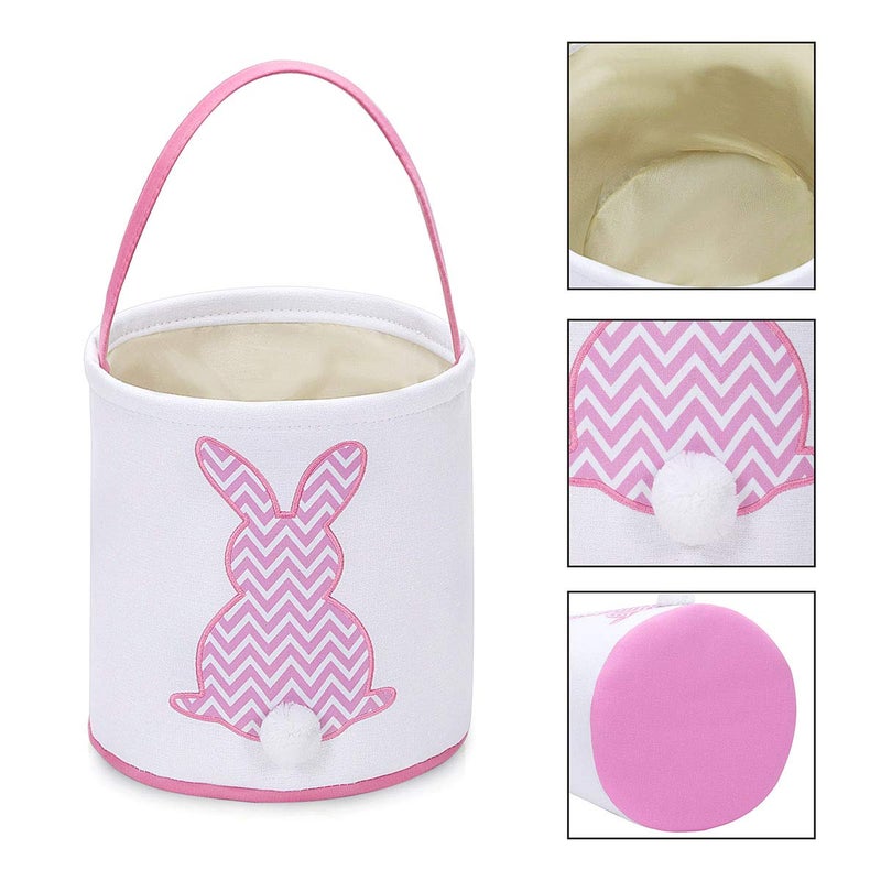 MONOBLANKS Easter Bunny Basket Bags, Rabbit Bucket Tote for Easter Egg Hunts Decorations Candy Gifts Storage (Pink(wave)) - Image 2