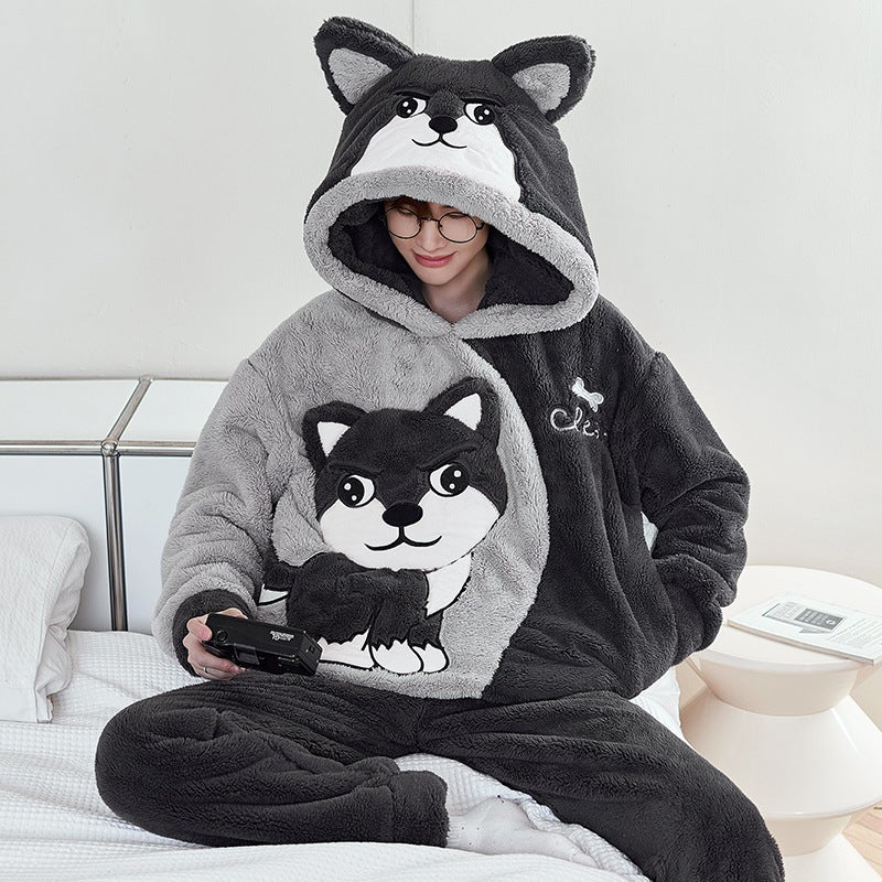 Winter Coral Fleece Pajamas Men'S Fleece-Lined Thickened Warm Cartoon Hooded Flannel Teenager Home Clothes Suit - Image 1
