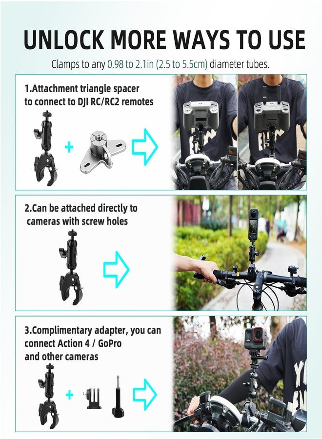 Flymile Bike Holder Mount Adapter for DJI RC 2/ RC Controller,360° Dual Ball Head Motorcycle Handlebar Holder Clamp for DJI Mini 4 Pro/Mini 3 Pro/Air 3/Mavic 3 Pro Smart Remote Controller, Black - Image 4