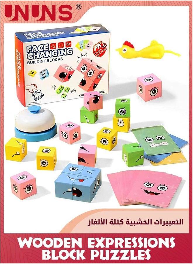 UNUNS Face Changing Expressions Wooden Block Puzzles,Multi-Player Blocks With Call Bell And Catapult Chick,Face Change Cube Matching Game,Colour Perception,Kids Montessori Toys For Boy Girl 3-12 - Image 1