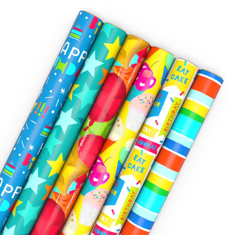 Hallmark Birthday Wrapping Paper Rolls  Stars Stripes Balloons Cupcakes Happy Birthday Gift Wrap Paper Set of 6 Rolls 180 sq ft ttl