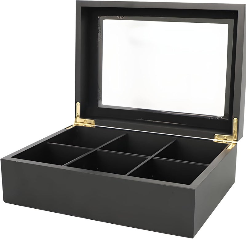 Large Capacity Tea Bag Display Box, 6 Slots Wooden Tea Box with Window, Black Wood Tea Organizer Storage Case, Partition Removable - Image 1