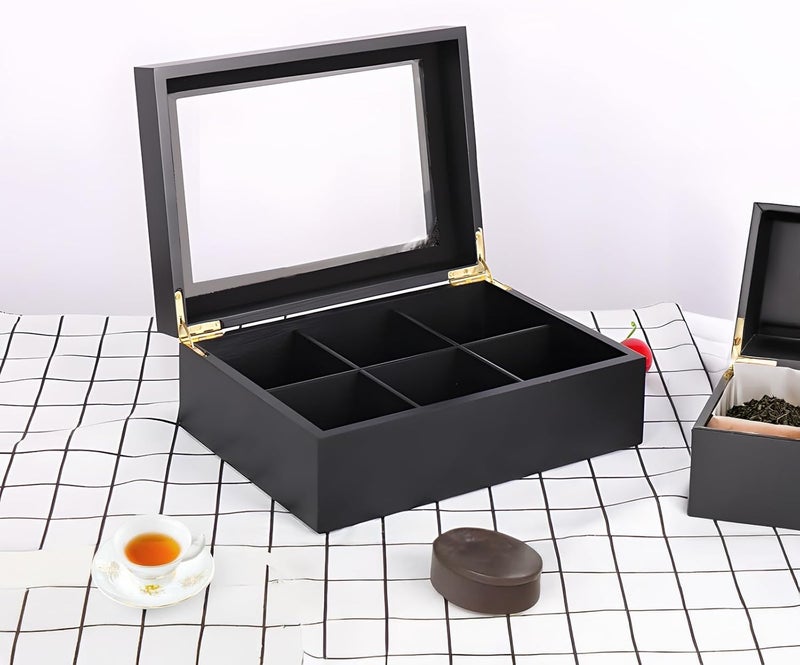 Large Capacity Tea Bag Display Box, 6 Slots Wooden Tea Box with Window, Black Wood Tea Organizer Storage Case, Partition Removable - Image 3