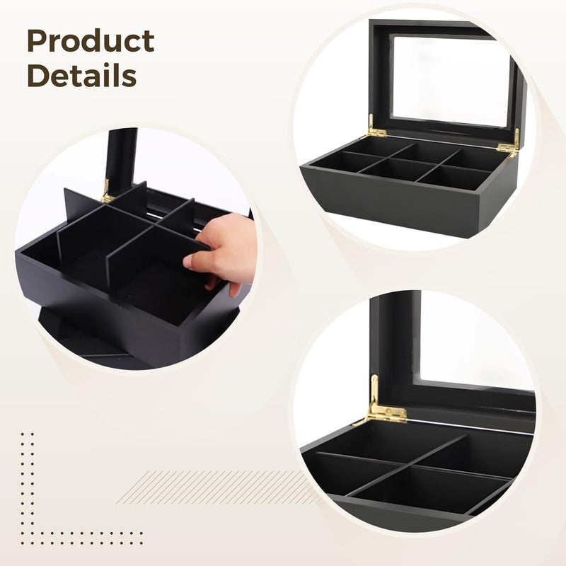 Large Capacity Tea Bag Display Box, 6 Slots Wooden Tea Box with Window, Black Wood Tea Organizer Storage Case, Partition Removable - Image 2