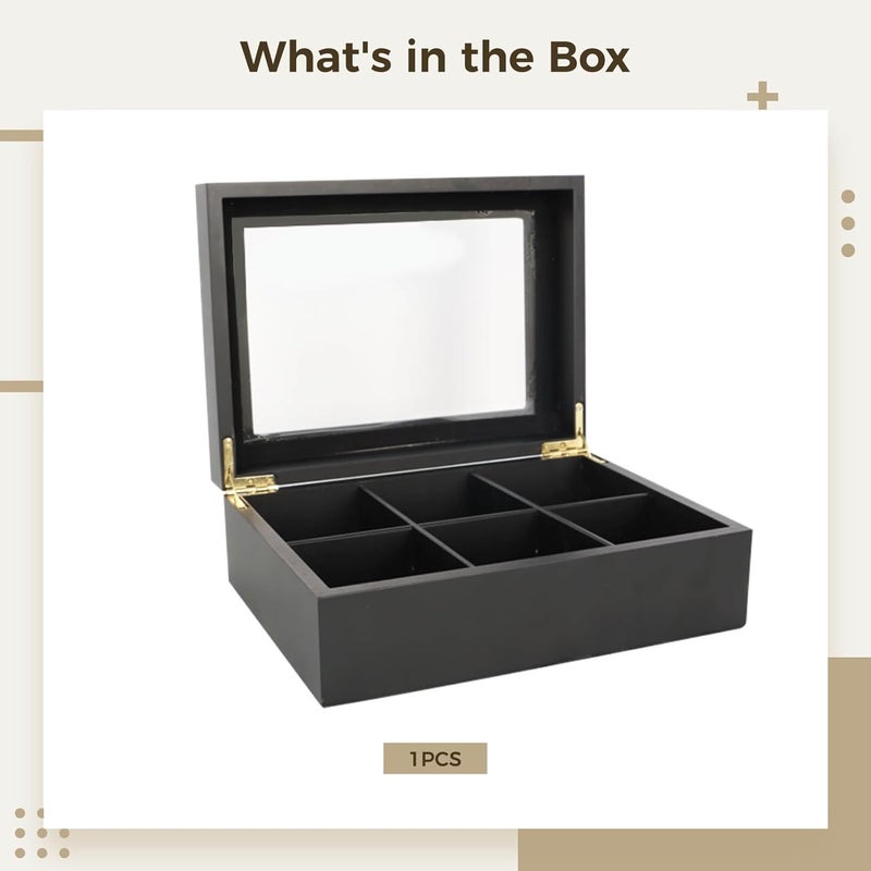 Large Capacity Tea Bag Display Box, 6 Slots Wooden Tea Box with Window, Black Wood Tea Organizer Storage Case, Partition Removable - Image 5