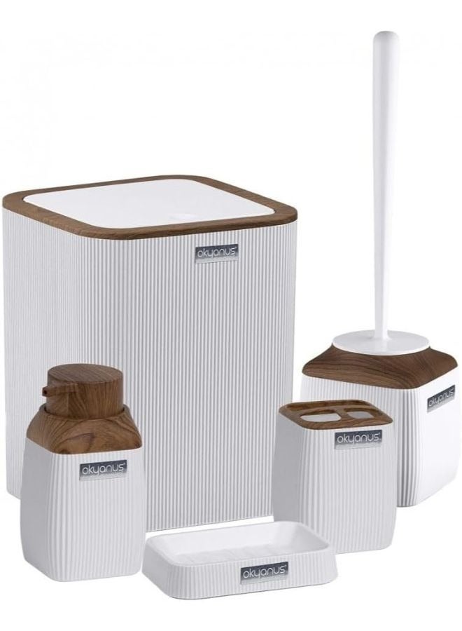 Okyanus Diva Bathroom Set 5 Piece Acrylic Wooden Lid -White - Image 1